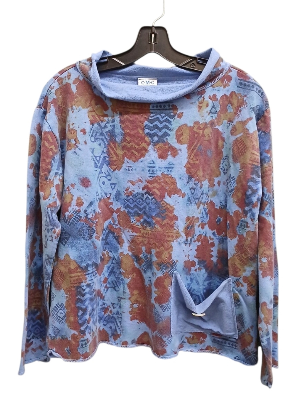 C·M·C NWT Blue & Rust Oversized Funnel Neck Patterned Pullover Top Size Small